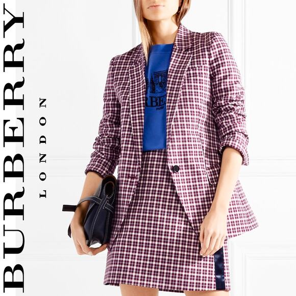 $1,450 BURBERRY NWT Purple Burgundy & White Plaid Blazer Jacket Coat – Size 10 - Picture 1 of 16